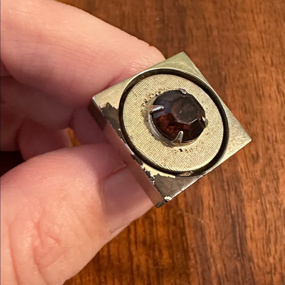 Vintage Mid Century Gold Tone‎ Square Cufflinks with Amber Rhinestone